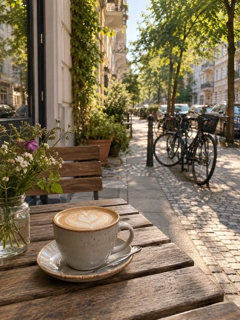 Coffee on a quiet Berlin café terrace.