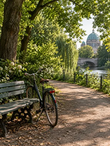 A bicycle beside a bench in a leafy park.