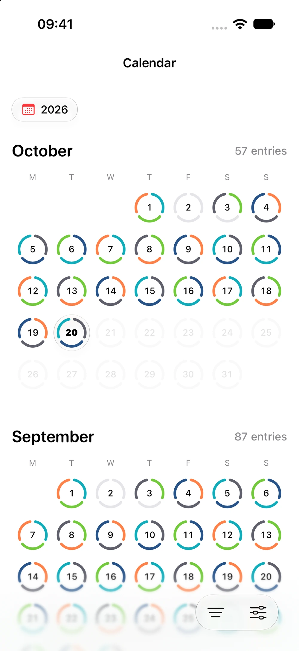 Zeitgeist’s mood calendar, with colorful three-part rings showing fictional morning, midday, and evening moods across October and September.