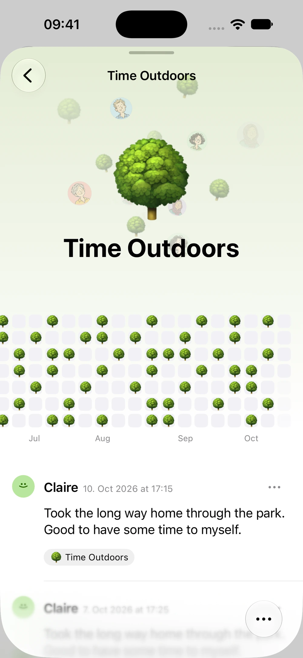 The Time Outdoors tag page, showing a calendar of past moments and an entry about a walk through the park.